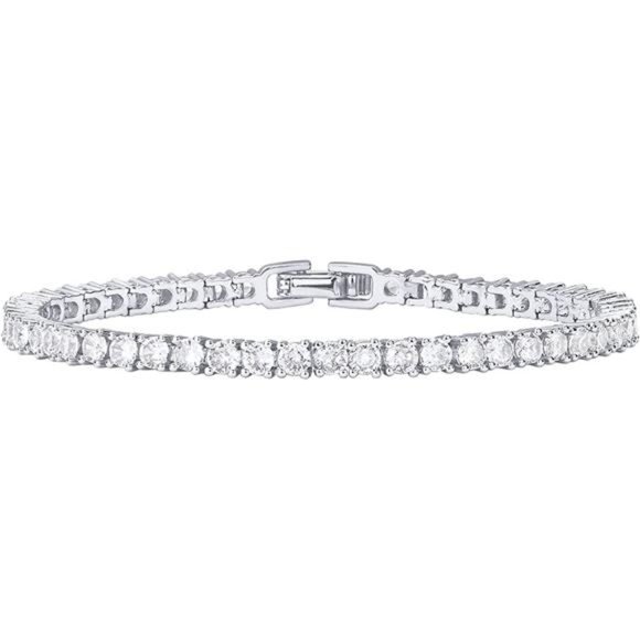 14K White Gold Plated 3mm Cubic Zirconia Classic Tennis Bracelet Womens - Picture 1 of 6